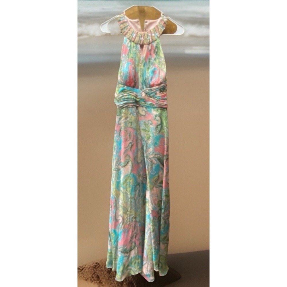 Cachet Women's Sz 6 Dress Pink & Green Blue Beaded Neckline Paisley Print - Picture 16 of 16
